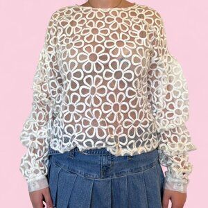 hot & delicious white floral lace sheer blouse